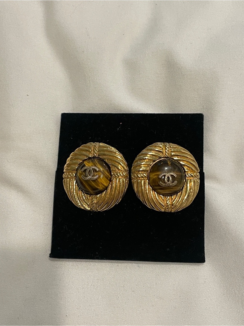 CHANEL Gold-Tone Round Button Earrings with Tiger Eye Centers